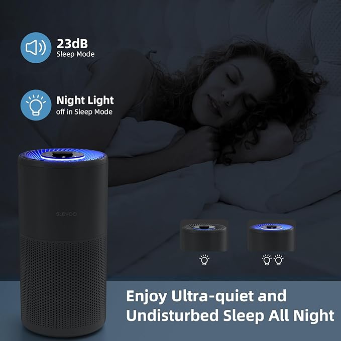 SLEVOO Air Purifier for Home Bedroom up to 1015 ft², Allergies Pet Hair, 3-in-1 Filter with hepa Air Purifier, Ultra Quiet 24 DB Sleep Mode,Aromatherapy,clean for Allergies,Pollutants,Smoke （Gray）