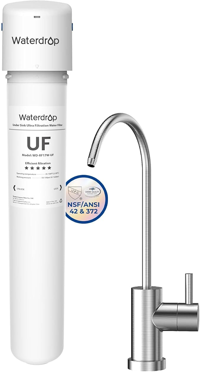 Waterdrop 17UBW-UF 0.01 μm Ultra Filtration Under Sink Water Filter System for Baçtёria Reduction, Reduces Lead, Chlorine, Bad Taste & Odor, 24K Gallons, with Dedicated Brushed Nickel Faucet, USA Tech