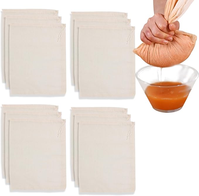12 Pieces Milk Nut Bag Strainer 9" x 11", Reusable Cheese Cloth Bag for Straining Fruit Juice, Fine Mesh Food Cloth Strainer Filter for Cream Cold Brew Coffee Butter Yogurt Tea Tofu (25x30cm)