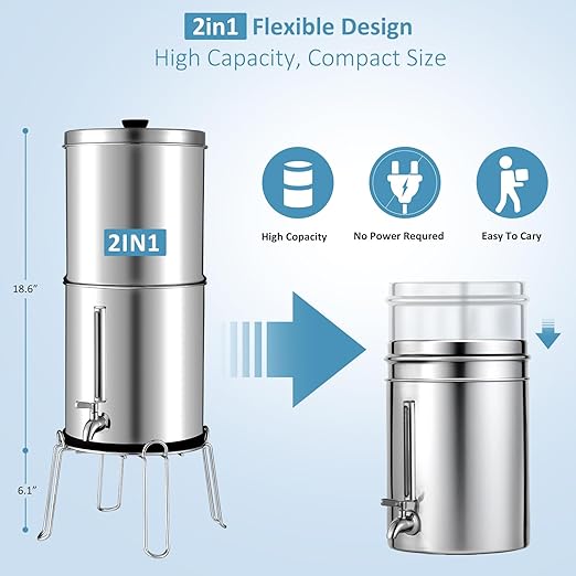 2.25G Ultra-Filtration Gravity Water Filter System，304 Stainless Steel Countertop System with 2 Filters & Metal Faucet，NSF/ANSI 42 Certification，Reduce 99% Chlorine