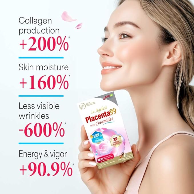 LABO Nutrition Le Ageless Placenta 99 with Ceramides -Placenta Supplement with Collagen Peptides, Oryza Ceramides -Skin Regeneration, Hydration, Anti-Aging Wrinkle Support, Immune Health, 60 Capsules