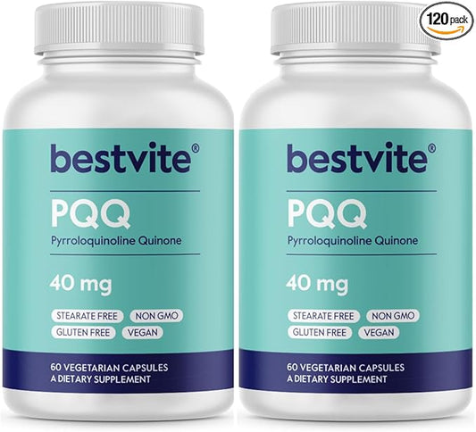 BESTVITE PQQ 40mg (Pyrroloquinoline Quinone) (120 Vegetarian Capsules) (60 x 2) - No Stearates - Vegan - Non GMO - Gluten Free