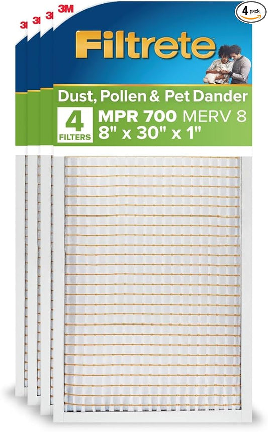 Filtrete 8x30x1 AC Furnace Air Filter, MERV 8, MPR 700, Tough on Pollen, Easy on Airflow, 3-Month Pleated 1-Inch Electrostatic Air Cleaning Filter, 4-Pack (Actual Size 7.69 x 29.69 x 0.81 in)