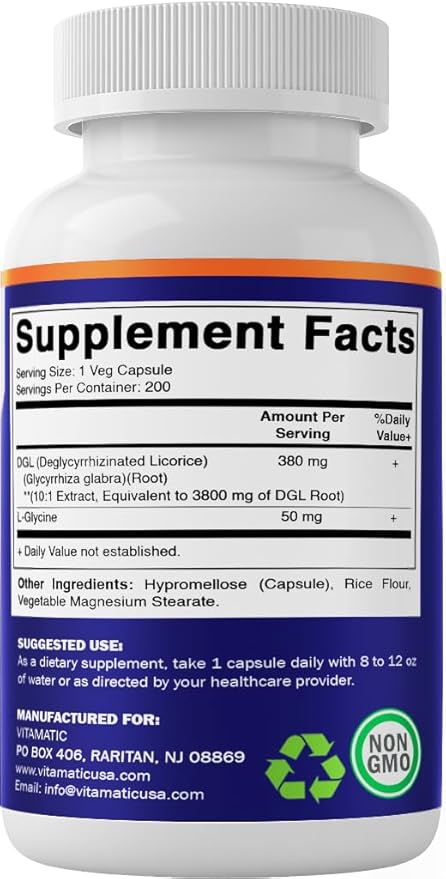 Vitamatic DGL Licorice 3800 mg Equivalent Per Serving (from 10:1 Extract 380 mg) - 10X Stronger - Supports Healthy Digestive & Respiratory Functions - 200 Capsules