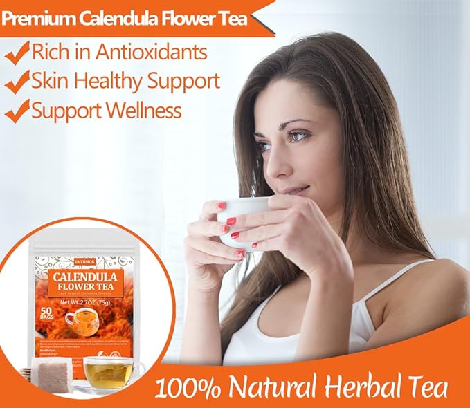 Premium 50 Calendula Flower Tea Bags, Made with 100% Natural Calendula Flowers，For Skin Health & Support Wellness, No Additives & Caffeine Free.