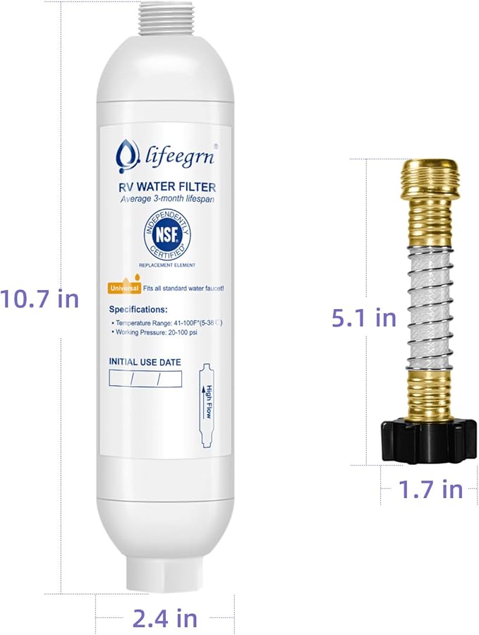 lifeegrn RV Water Filter with Hose Protector, Inline Water Filter, Reduces Bad Taste, Odors, Chlorine and Sediment in Drinking Water, White(2 Packs)