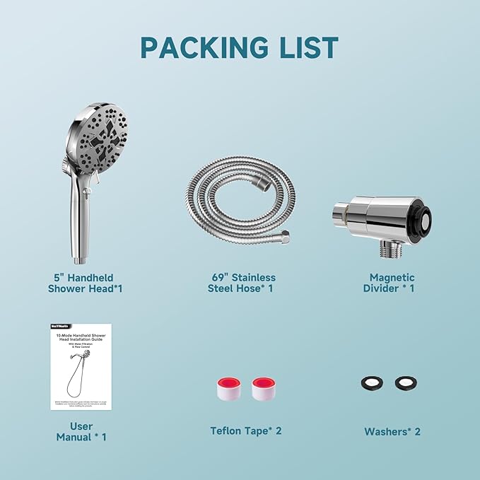 5" Filtered Handheld Shower Head with 10 Spray Modes,High Pressure Detachable Showerhead with Magnetic Docking, Water Flow Control & 69" Stainless Steel Shower Hose,Chrome