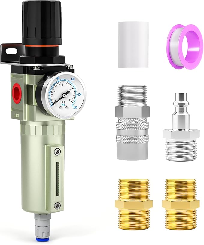 3/4" NPT Heavy Duty Industrial Grade Air Compressor Moisture Filter, Auto Drain, Particulate Filter and Air Regulator For Plasma Cutter and Paint Spray