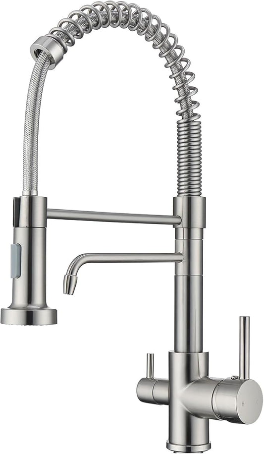 3 Way Kitchen Faucet, Drinking Water Faucet, Filter Kitchen Faucet for Water Filtration System, 3 in 1 Commercial Style Pull-Down 2 Handles, Brushed Nickel