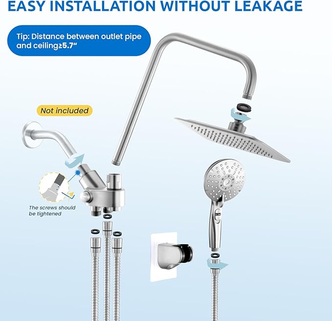 8" Dual Shower Head Combo, Rainfall Shower Head with Handheld, 6 Spray Settings Angle Adjustable Handheld Shower Head with Pause, Height Adjustable, Chrome Silver