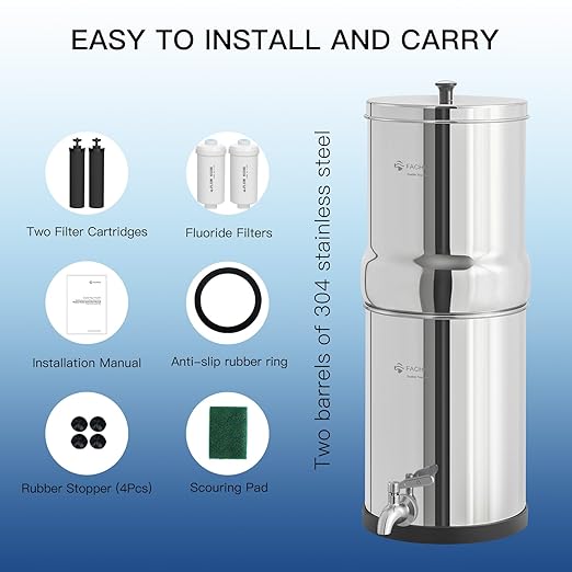 Gravity-Fed Water Filter System, 1.5G Stainless-Steel Countertop System with 2 Black NSF/ANSI 42 Certification Elements, 2 Fluoride, Metal Water Level Spigot, Reduces Fluoride and Chlorine
