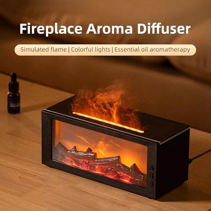 Fireplace Flame Diffuser & Humidifier – Ultrasonic Essential Oil Mist Maker with Remote, 7-Color LED Light, Bonfire Atmosphere for Home, Bedroom, Office (Black)