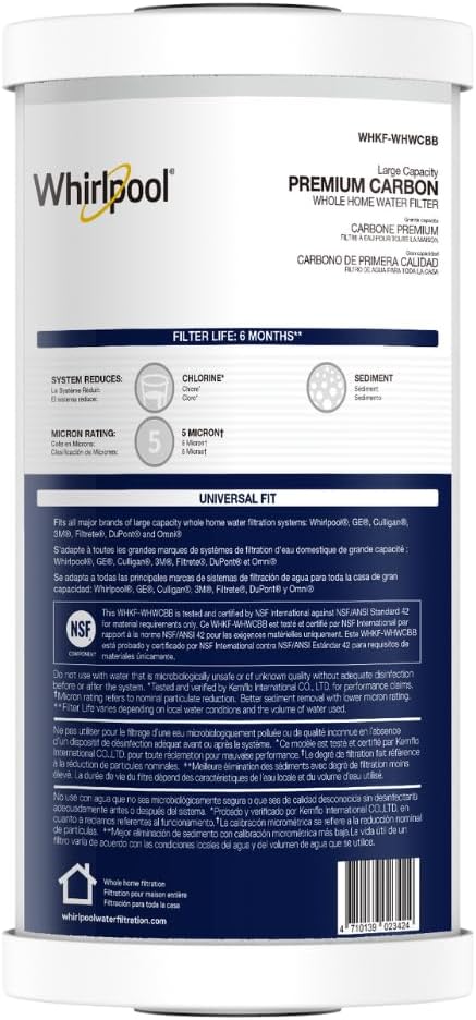 Whirlpool 10" x 4.5" Premium Carbon Water Filter WHKF-WHWCBB, NSF Certified 5 Micron Reduces Chlorine and Sediment, 6-Month Life, Large Capacity Replacement Cartridge Fits Most Home Filter Housings