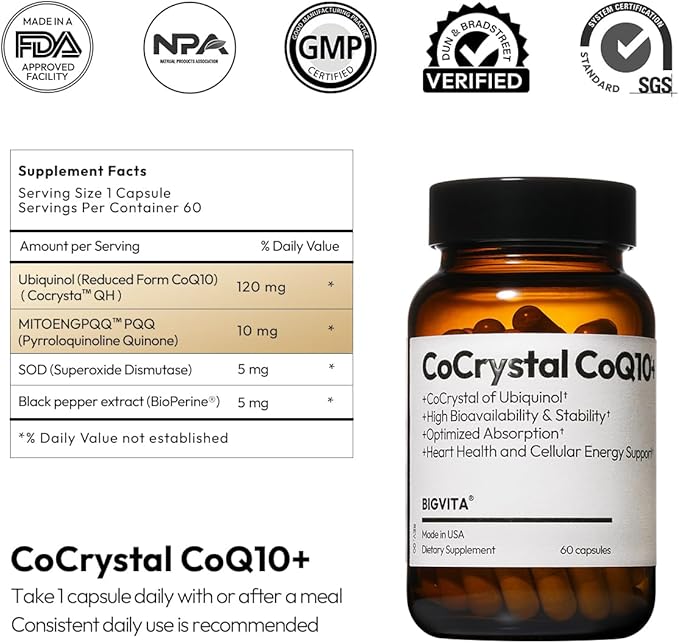 BIGVITA CoCrystal CoQ10 + 120 mg Ubiquinol – Ultra-Absorption Formula with PQQ, SOD & BioPerine – Supports Heart, Energy & Cellular Vitality – 60 Capsules - 2 Month Supply