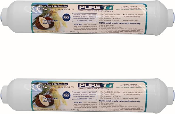 PureT IL-10W-C-EZ38, 2"x10" (3/8" EZ Connect) Inline Post GAC Carbon Filter - NSF Certified - Reverse Osmosis Water Filter, Lifetime of 1 Year or 1,500 Gallons (2 Pack)