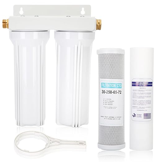 External RV Dual Water Filter System Includes Mounting Bracket and Two Filters, Two 3/4" GHT Brass Fittings For RVs, Yachts, Homes, Boats For Reducing Sediment, Rust, Scale Particles and Chlorine Odor