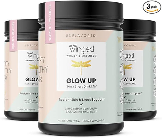 Winged Glow Up Collagen Powder 3 Pack | Hair, Skin, Nails & Stress Relief for Women | Grass Fed Collagen Peptides w/Adaptogen Schisandra, Snow Mushroom, Vitamin C & Biotin | Unflavored (75 Servings)