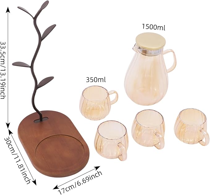 1.5L/50.72 oz Glass Pitcher with Lid & Filter, 6-Pcs Glass Pitcher Set Jug with 6 Water Glasses & Cup Storage Shelf Glasses Water Carafe for Hot/Cold Tea Beverage Large Jug for Iced Juice