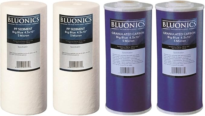 Bluonics Sediment & Carbon Replacement Water Filters 4pcs 4.5" x 10" Whole House Cartridges