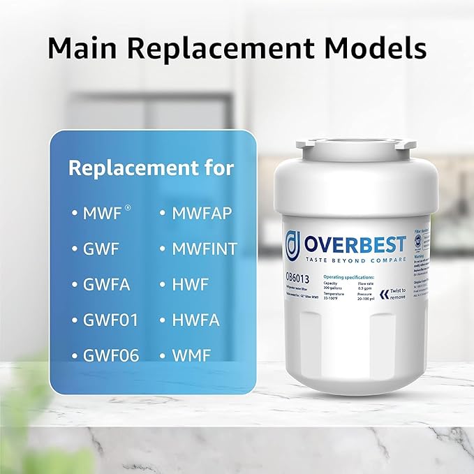 Overbest OB6013 Replacement for GE® MWF®, Smartwater® MWFP, MWFA, GWF, HDX FMG-1, WFC1201, GSE25GSHECSS, Kenmore® 9991, RWF1060 Water Filter, 3 Filters