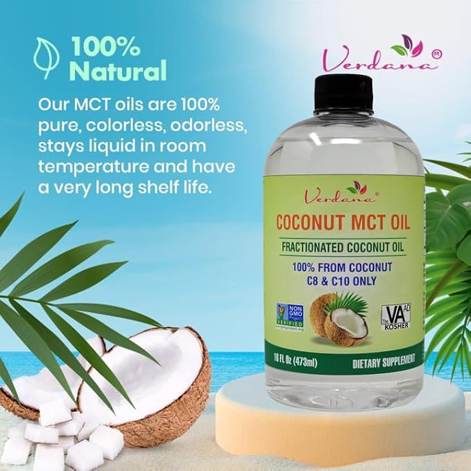 Verdana MCT Oil – 16 Fl Oz Dietary Supplement – 100% Coconut Derived, Fractionated, Food Grade – for Oil Pulling, Keto Coffee, Oral Rinse, Massage & Aromatherapy – Vegan, Non-GMO, Kosher
