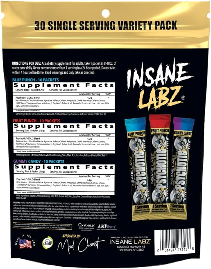 Insane Labz Psychotic Gold, High Stimulant Pre Workout Powder, Extreme Lasting Energy Focus, Pumps and Endurance with Beta Alanine, DMAE Bitartrate, NO Booster (30 Servings, Variety)
