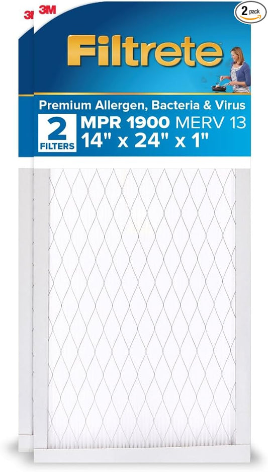 Filtrete 14x24x1 AC Furnace Air Filter, MERV 13, MPR 1900, Premium Allergen, Bacteria & Virus Filter, 3-Month Pleated 1-Inch Electrostatic Air Cleaning Filter, 2-Pack (Actual Size 13.81x23.81x0.78 in)