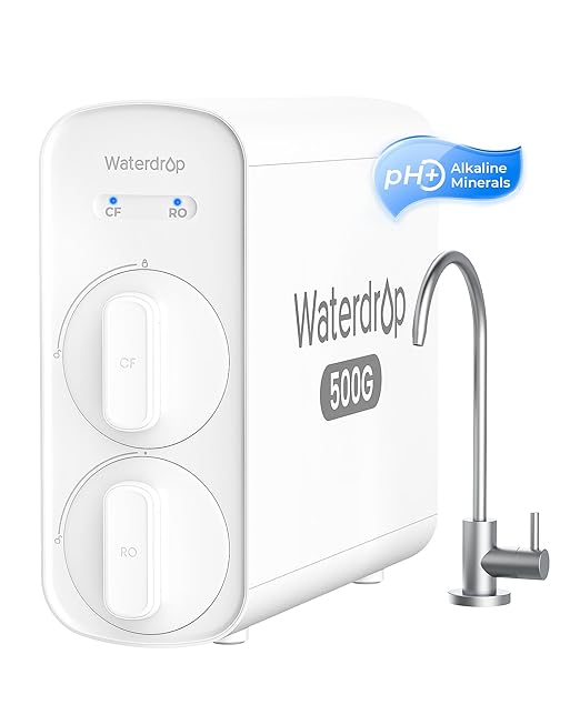 Waterdrop G5P500A Alkaline Mineral pH+ Reverse Osmosis Water Filter, NSF/ANSI 372 Certified, 8 Stage Reverse Osmosis System, 500G RO Water Filtration System, 2:1 Pure to Drain, Reduces TDS, BPA Free
