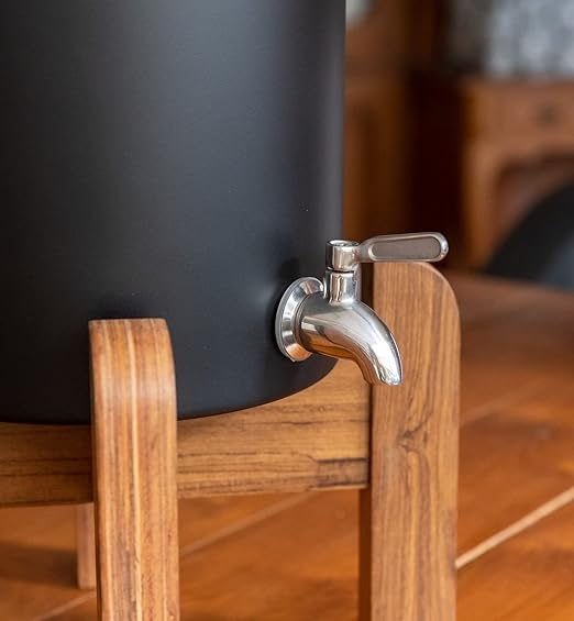 AquaEasy NSF/ANSI 372 Certified Stainless Steel Gravity Water Filter System (2.25 Gallon) 2X Activated Carbon Filter, Stainless Steel Tap and Wooden Stand | Countertop Water Filtration System (Black)