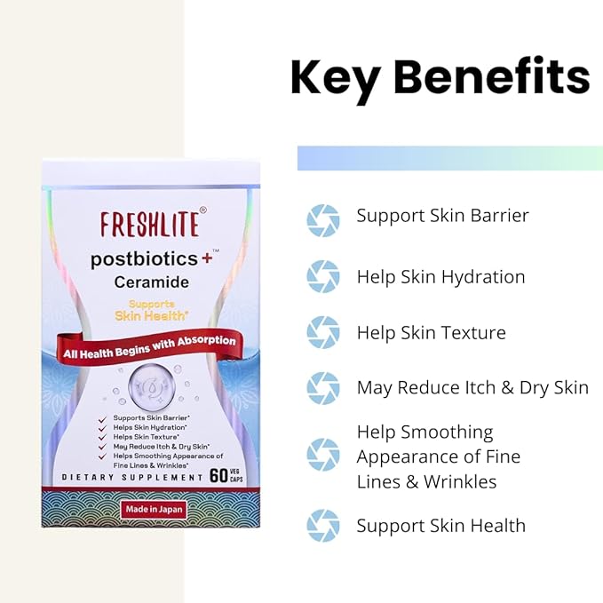 FRESHLITE Japanese Clear Skin Ceramide Supplement – Plant-Based Ceramide & Postbiotics for Hydration, Barrier & Elasticity – Helps Reduce Acne & Irritation – Non-GMO, Gluten-Free, 60 Vegan Capsules