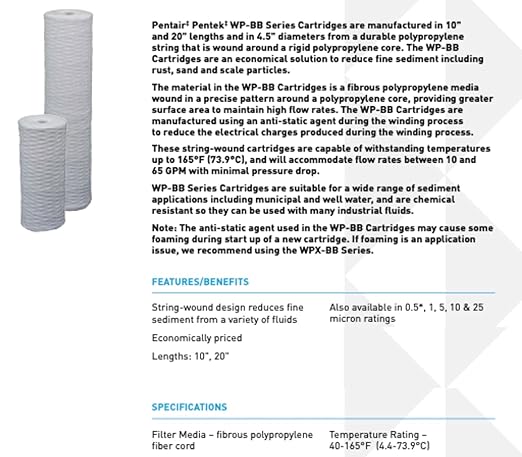 Pentair Pentek WP5BB20P Big Blue Sediment Water Filter, 20-Inch, Whole House Polypropylene String-Wound Filter Cartridge, 20" x 4.5", 5 Micron