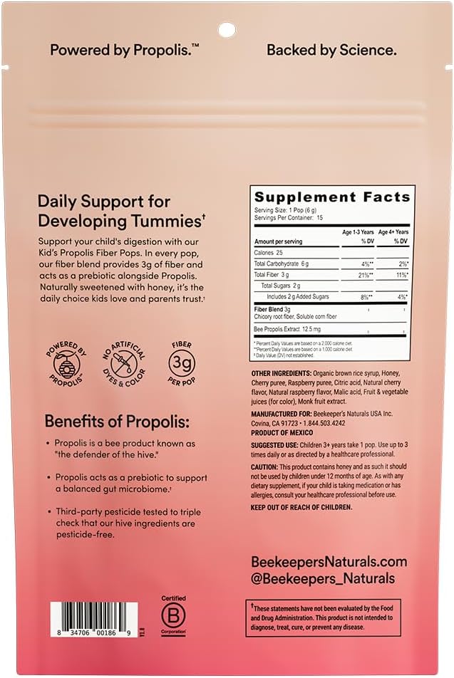 Kids Prebiotic Fiber Lollipops by Beekeeper's Naturals - Doctor Formulated Fiber Supplement, Supports Digestive Regularity, 3g of Fiber & Honey, Raspberry Blast & Sweet Cherry Variety Pack, 15 ct