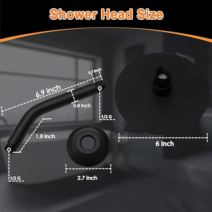 6 Inch Round Rainfall Shower Head with Stainless Steel Arm High Pressure Water Saving Anti-Clog Nozzles Easy Install for Bathroom/Bathtub (Round, Black)