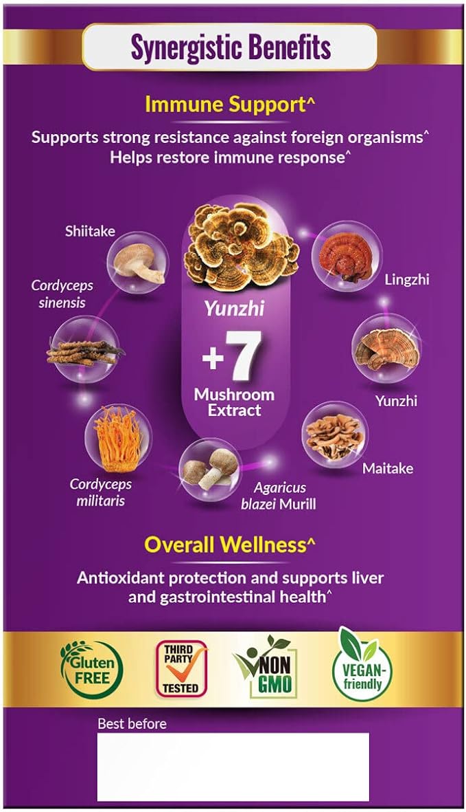 LABO Nutrition Bioactive Organic Yunzhi/Turkey Tail Ultra - 7 Mushroom Extract Supplement, Turkey Tail Cordyceps Maitake Reishi Agaricus blazei Shiitake for Immunity No Fillers Vegan USDA Organic
