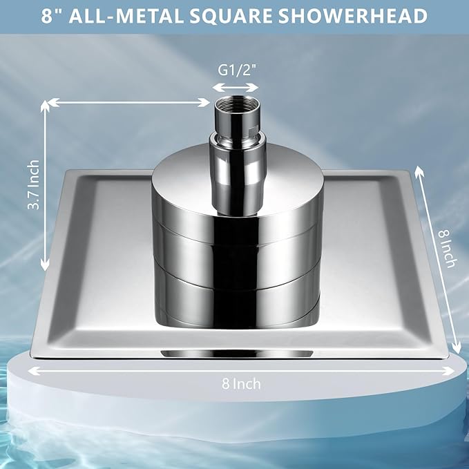 High Pressure Rain Shower Head with Filtered - 8" All Metal Square Showerhead Filter for Remove Chlorine and Harmful Substances, Chrome