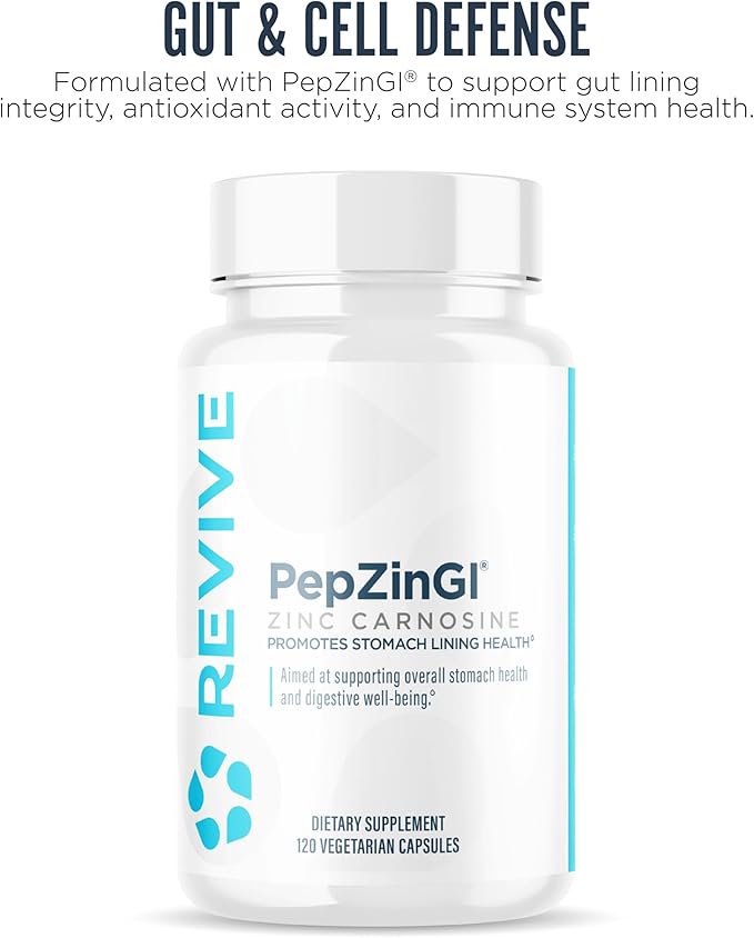 Revive MD Zinc Carnosine Supplement for Men & Women - Zinc & L-Carnosine to Support GI, Stomach Lining & Immune Health - Digestive Health Supplements Supports a Healthy Gut - 120 Vegetarian Capsules
