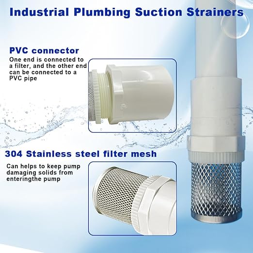 1" Stainless Steel Filter Cover Connected to 1 inch/DN25 PVC Water Pipe, Suction Strainers Used to Remove Debris and Reduce Solid Entry