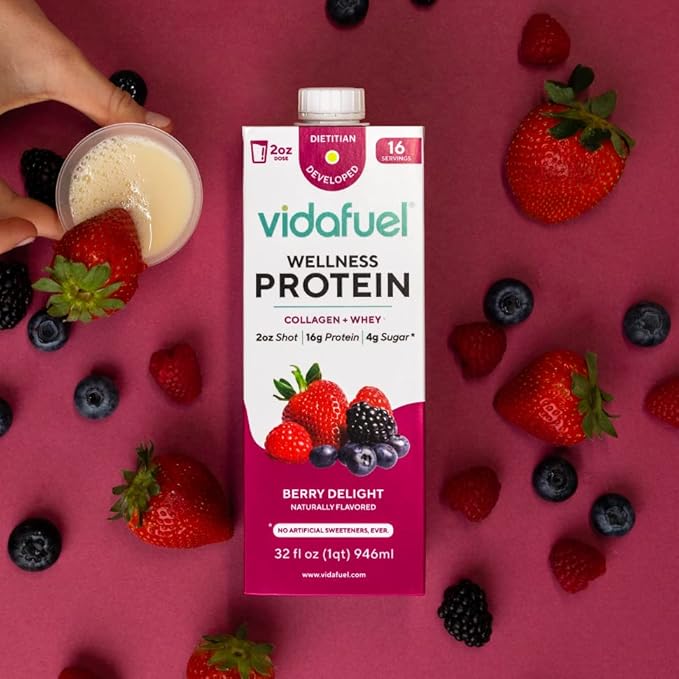 Wellness Protein Drink, 16g Protein per 2oz Shot, 32 fl oz Carton, 2 Pack, Berry, Collagen and Whey Drink, No Artificial Sweeteners