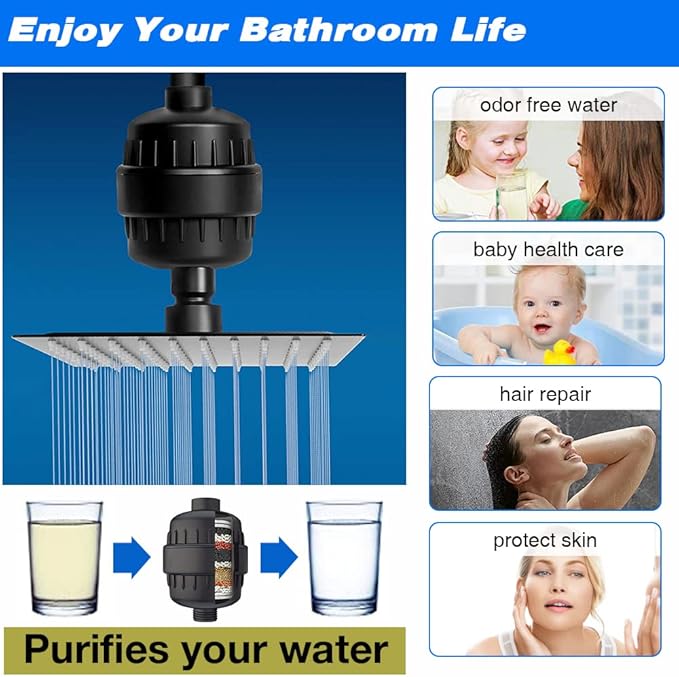 15 Stage Shower Head Filter for Hard Water - Black Shower Water Filter Reduces Chlorine, Improves Skin Condition