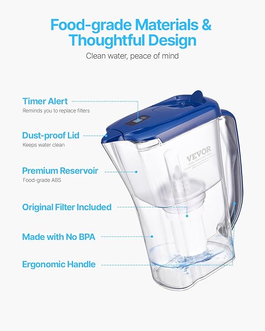 VEVOR Water Filter Pitcher, 9 Cup 5-Stage Water Filter Dispenser, Fast Filtration System with Filter Change Indicator, No BPA, Lasts 3 Months or 40 Gallons, Reduces Limescale, Lead, Chlorine, Odors