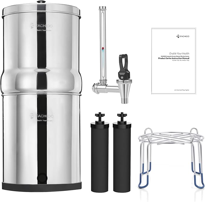 Gravity-fed Water Filter System, Reduces Lead and up to 99% of Chlorine, NSF/ANSI 42&372 Standard, with 2 Black Carbon Filters and Metal Water Level Spigot and Stand, 2.25G Countertop System