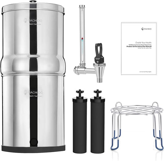 Gravity-fed Water Filter System, Reduces Lead and up to 99% of Chlorine, NSF/ANSI 42&372 Standard, with 2 Black Carbon Filters and Metal Water Level Spigot and Stand, 2.25G Countertop System