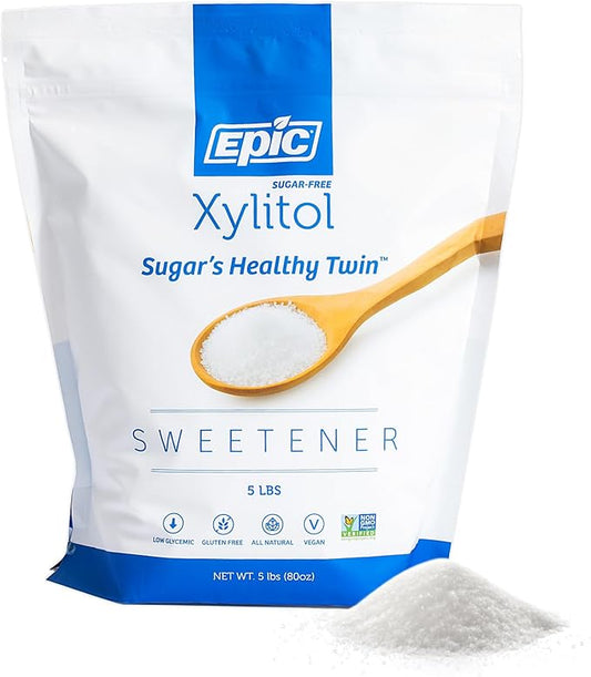 Epic 100% Xylitol Sweetener - 5 Pound Zipper Pouch of Xylitol Sugar Substitute for Baking & Cooking - Diabetic-Safe, Non-GMO, Keto-Friendly - 40% Less Calories Than Sugar