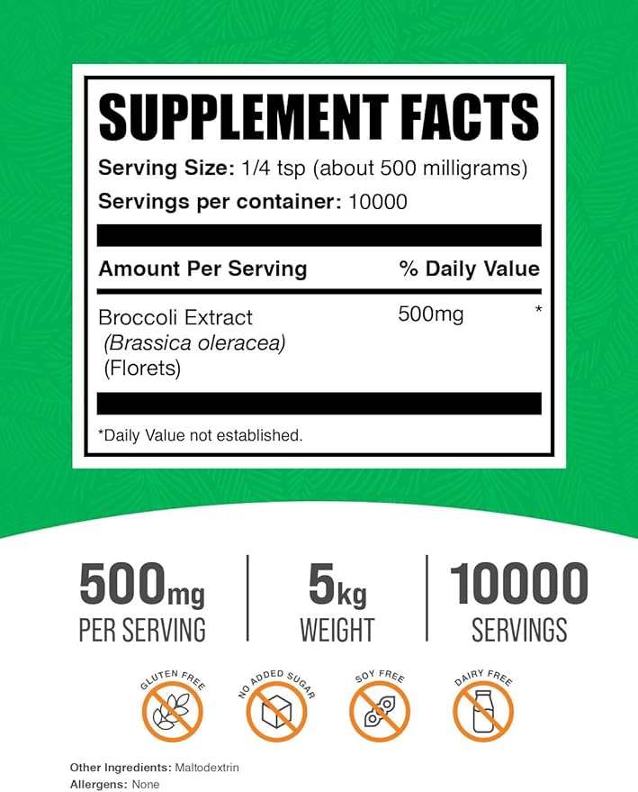 BulkSupplements.com Broccoli Extract Powder - from Broccoli Sprouts, Sulforaphane Supplement - Vegan & Gluten Free, 500mg per Serving, 1kg (Pack of 5) (11 lbs)