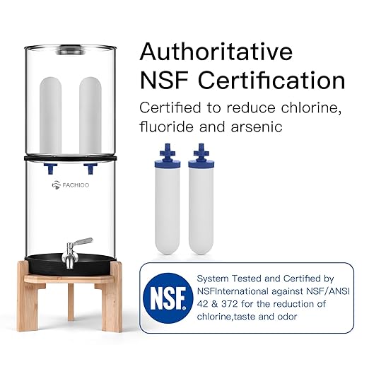 Gravity-Fed Water Filter System, 2.25G Glass Countertop System with 2 Ceramics Fluoride and Arsenic Reduction Elements, Metal Spigot, and Stand, Reduces Fluoride and Chlorine