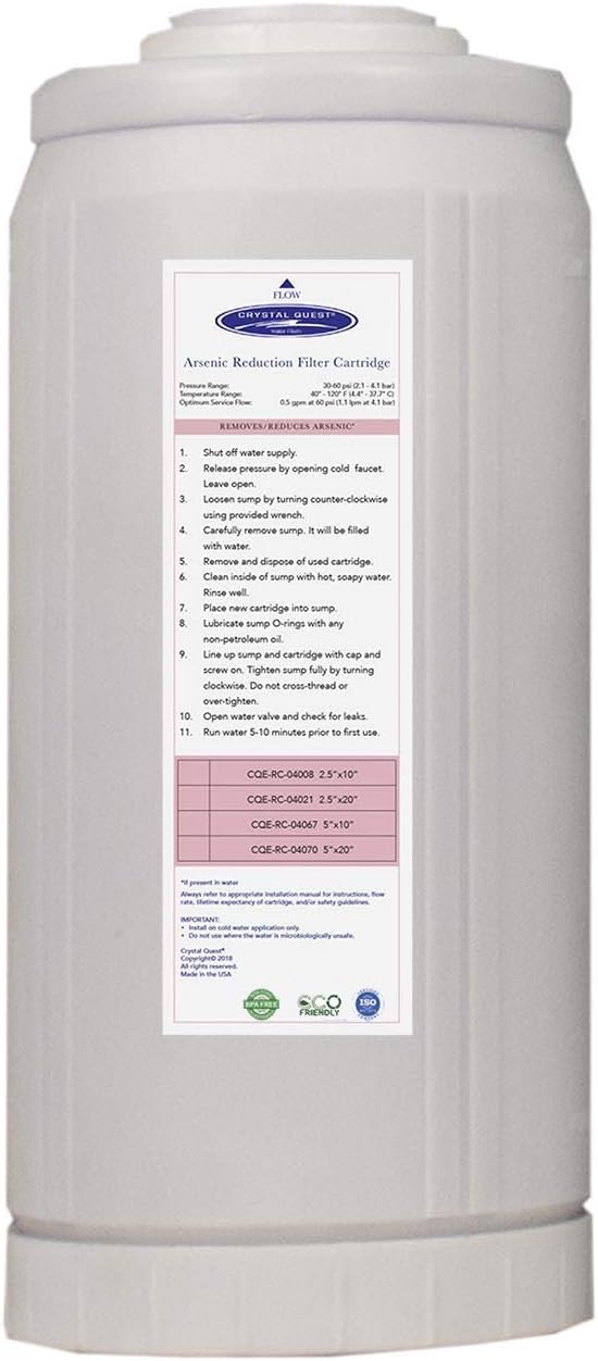Crystal Quest Arsenic Water Filter Cartridge – Reduces Arsenic – Long Lasting, Easy to Install, High-Capacity, Steady 3 GPM Flow – Improves Water Quality for Home and Office - 4-5/8" x 9-3/4"