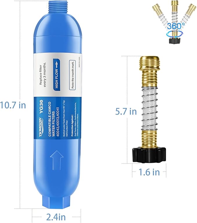 RV Inline/Marine Water Filter With Flexible Hose Protector, Reduce Bad Taste, Odors, Rust, Fluoride, Chlorine and Sediment in Drinking Water (3 Pack)