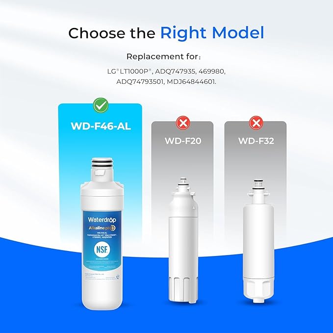 Waterdrop Alkaline LT1000PC ADQ747935 Replacement for LG® LT1000P®/PC/PCS ThinQ® Refrigerator Water Filter, LFXS26973S, LMXS28626S, LMWS27626S, LFXS28596S, LFXS26596S, Enhance PH, 3 Filters