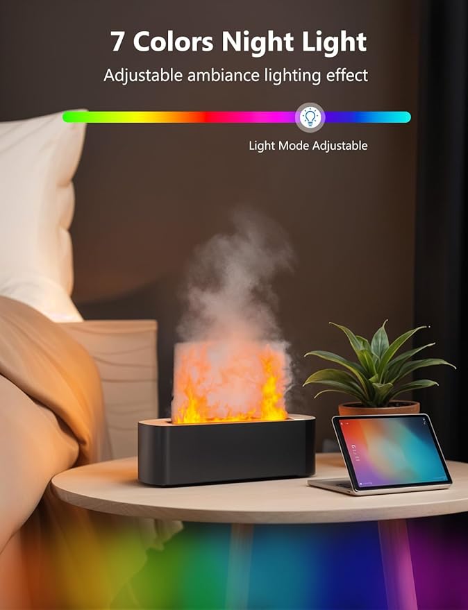 Flame Air Diffuser, Humidifier, Essential Oil Diffuser - 7 Colors, 180mL Capacity (8 Hours), Noiseless Operation, Auto-Off Protection - Perfect for Home Bedroom Office Gifts(White)