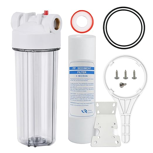 Whole House Water Filter Housing Clear,10" X 2.5" Inline Sediment Water Filter for RV, Home, Aquarium, Maple Syrup RO System, with PP Filter, 3/4 NPT Brass Port, Steel Bracket - 1025TBP